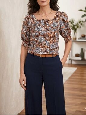 Chico's Rust, orange Paisley Square-Neck Top Sz L